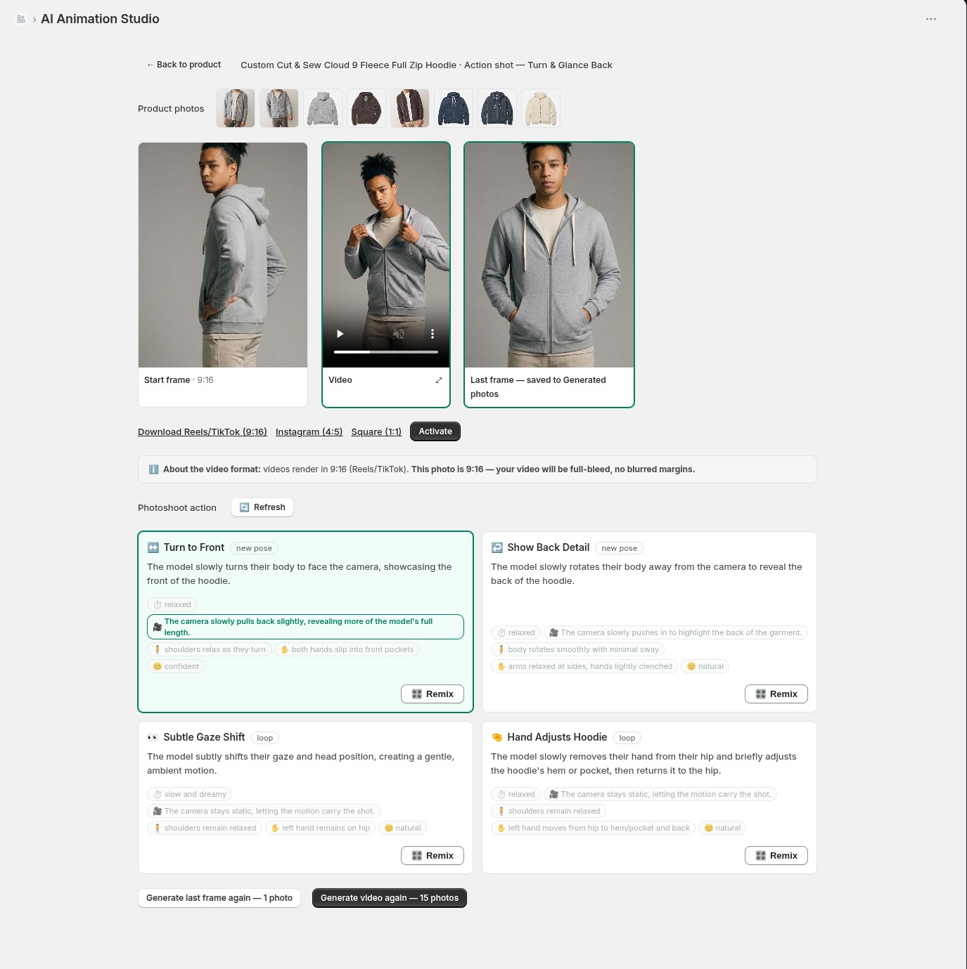 The AI Animation Studio: product photos on top, start frame, finished video and last frame side by side, motion cards below