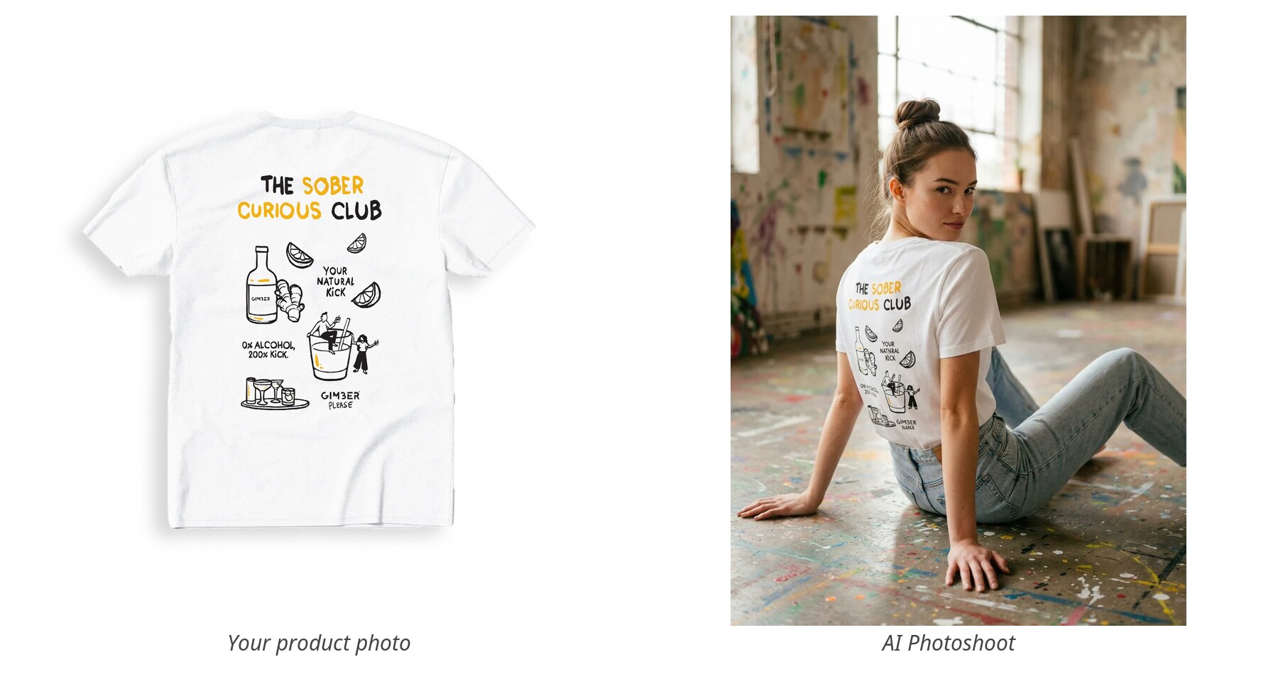 A flat product photo of a graphic tee beside an AI photoshoot of a model wearing it in an artist's loft