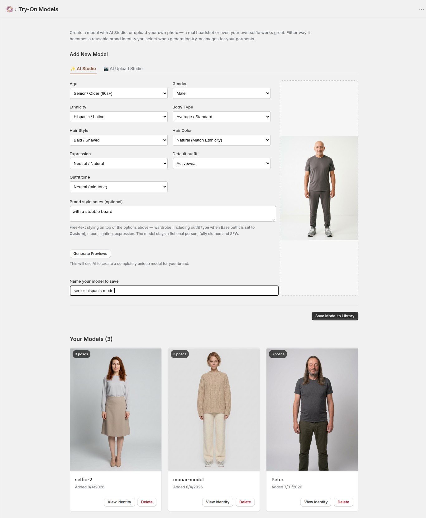 The AI Studio model builder beside a gallery of diverse saved models