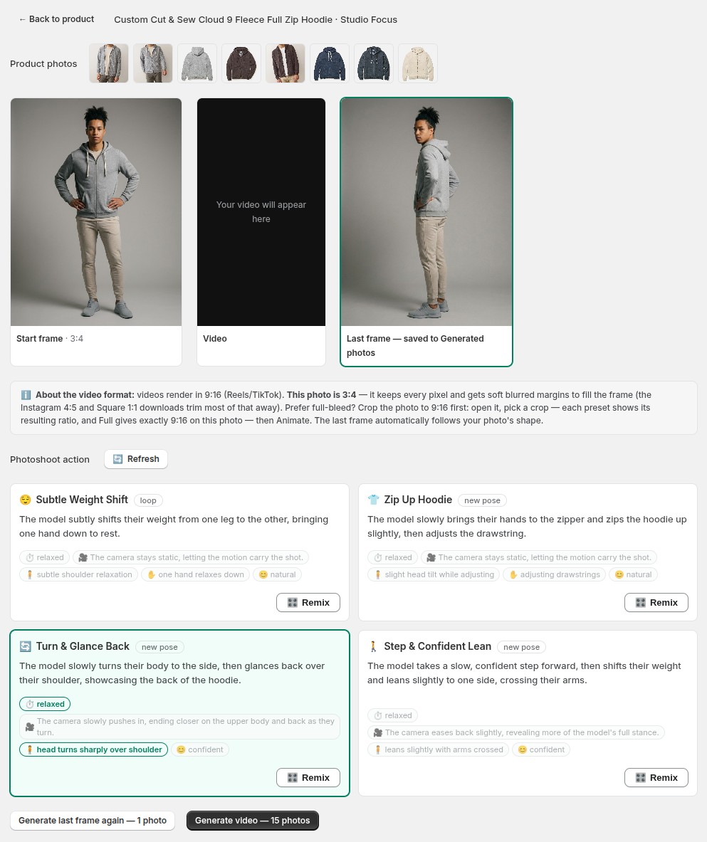 A motion suggestion turning the model to show the garment's back, next to the product gallery's back view