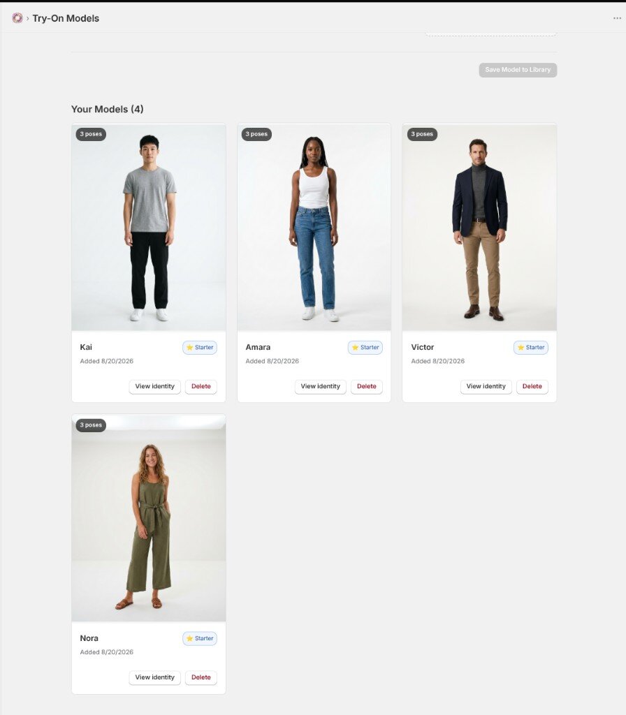 The Models library with four starter identities, each wearing a ⭐ Starter badge