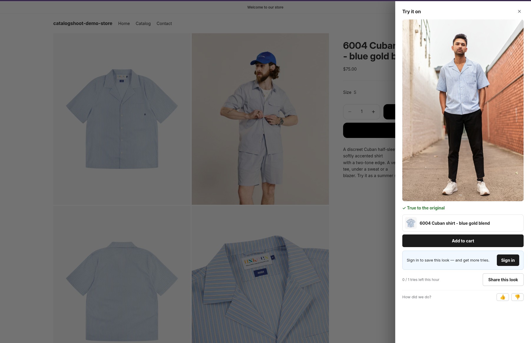 A shopper wearing the store's shirt in the storefront Try-On panel