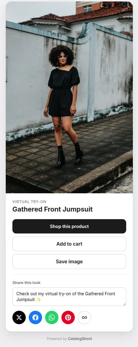 The shopper's saved, shareable try-on look with shop and share actions