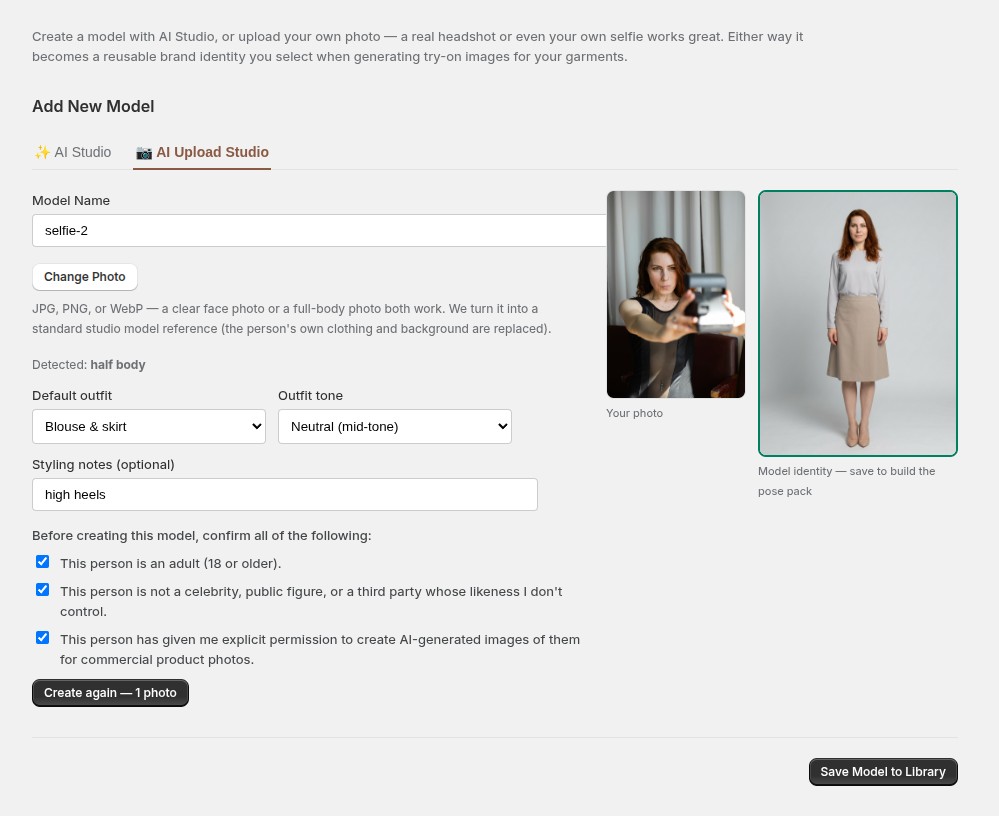 The AI Upload Studio: a selfie turned into a clean studio model identity, with outfit options and the likeness-consent confirmation