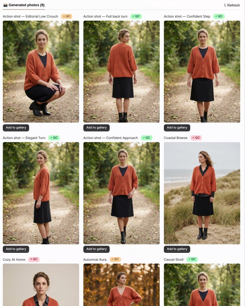 Every generated photo gets a QC badge — hover it to see what we looked at.