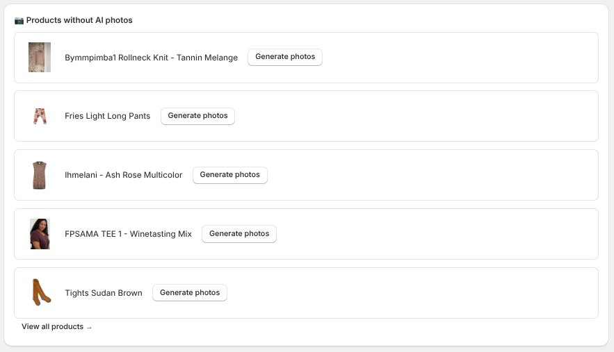 Products without AI photos — each row has Generate photos; View all products opens the catalog