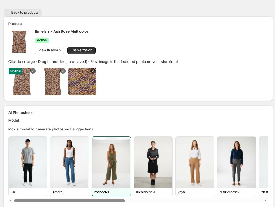 The product page — pick a model to generate photoshoot suggestions
