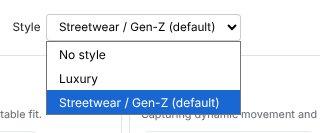 The Style dropdown — shop default is pre-picked; No style or another house style restyles the looks