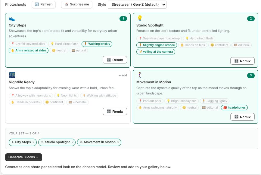 Select up to four looks — Your set, then Generate