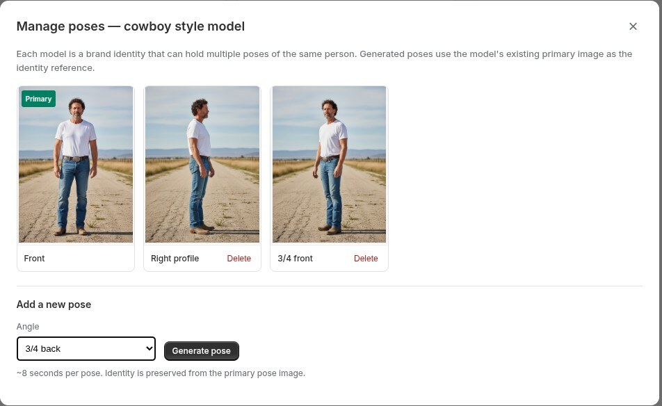 A model's pose pack — front, left, and more for consistent angles