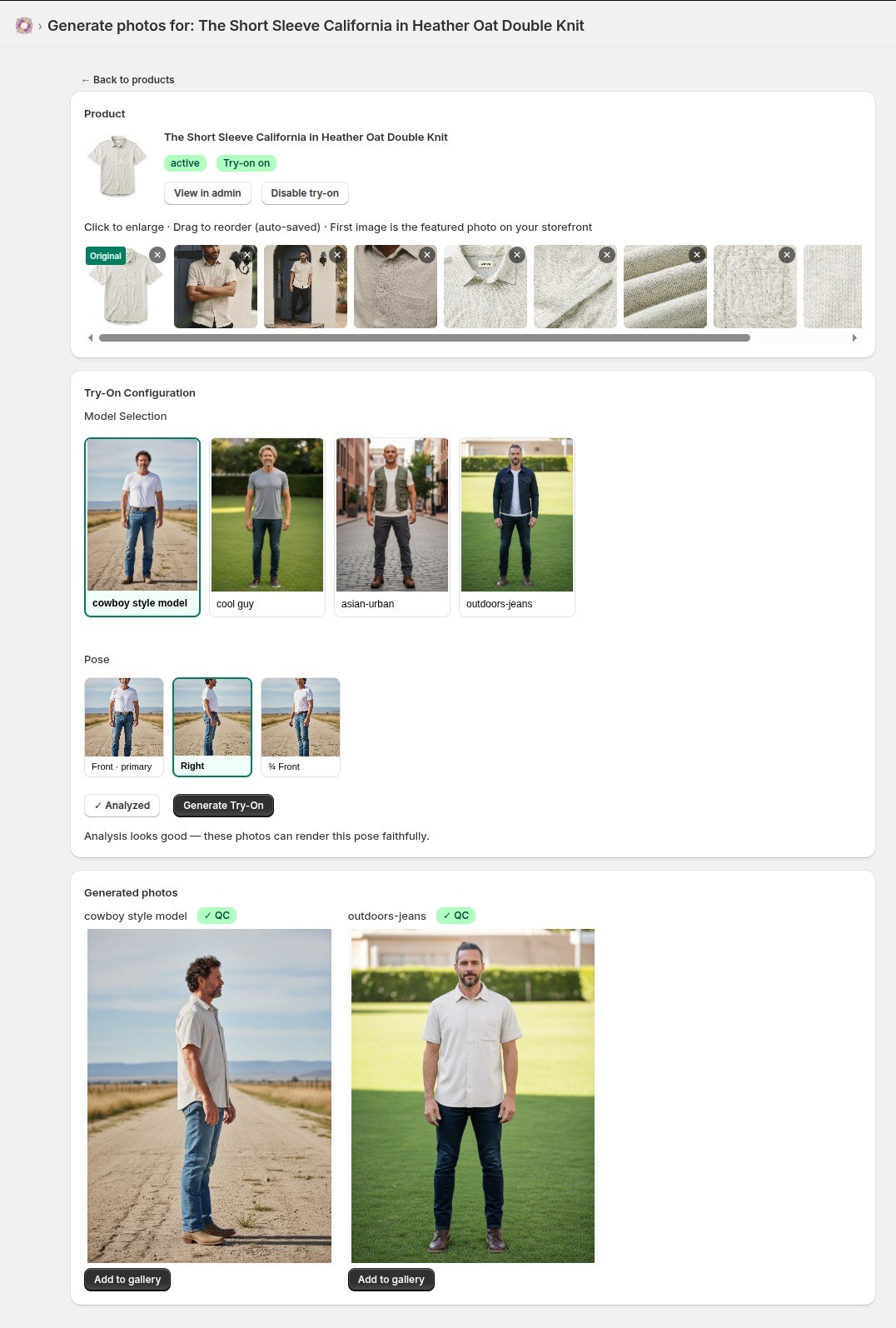 The generate screen — product, model and pose picker
